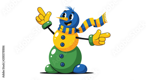 Fotografie Cartoon Snowman Character with Scarf and Mittens, Cheerful Winter Mascot