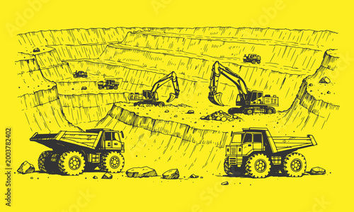 large open pit coal mine featuring terraced excavation layers, heavy mining trucks, and excavators. Hand drawn sketch style in clean vector format