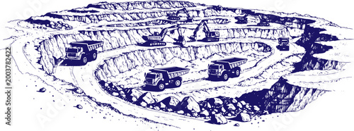 large open pit coal mine featuring terraced excavation layers, heavy mining trucks, and excavators. Hand drawn sketch style in clean vector format