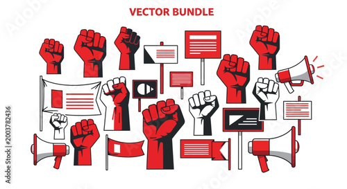 A bold, vector illustration representing International Workers' Day, featuring raised red fists and protest signs arranged on a clean white background with a strong, unified visual message