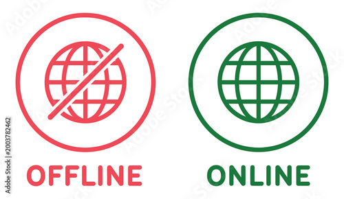 Set of online and offline internet icons red and green color, global connection indicator icons with online and no signal globe symbols