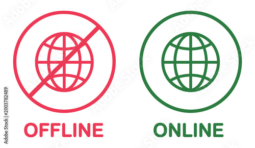 Set of online and offline internet icons red and green color, globe icon with no signal and good signal symbol, internet connection status vector illustration