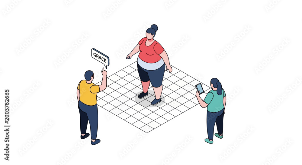 Fototapeta premium Isometric illustration of overweight woman with observers and a sign.