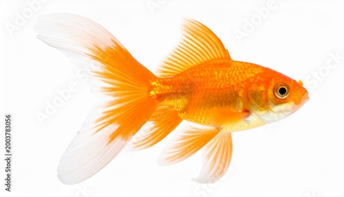 Elegant goldfish with flowing fins against plain white background