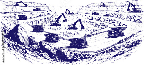 large open pit coal mine featuring terraced excavation layers, heavy mining trucks, and excavators. Hand drawn sketch style in clean vector format