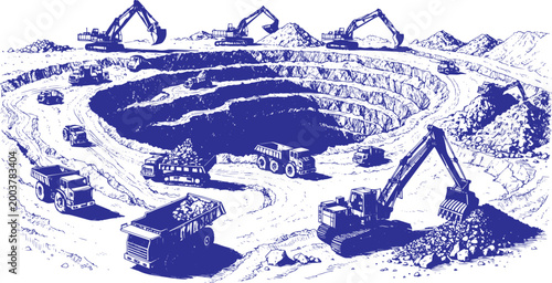 large open pit coal mine featuring terraced excavation layers, heavy mining trucks, and excavators. Hand drawn sketch style in clean vector format