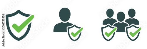 User profile with shield symbol and approved check mark icons representing secure authentication trusted accounts data protection safe access security validation and verified user status concept desig