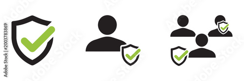 User profile with shield symbol and approved check mark icons representing secure authentication trusted accounts data protection safe access security validation and verified user status concept desig
