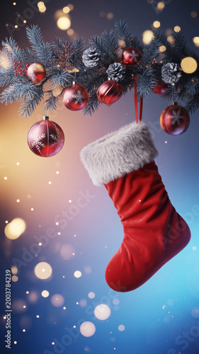 Christmas Stocking with Magical Bokeh Background Festive Holiday Scene