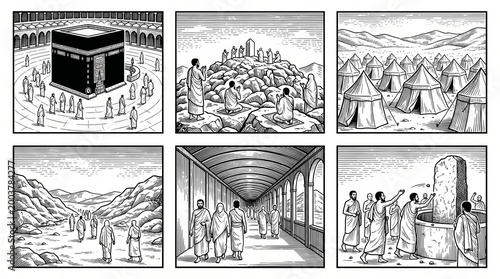 Hajj pilgrimage rites: Kaaba Tawaf, Arafat prayer, Mina tents, Sa’i ritual, corridor walk, Jamarat stoning ceremony.
