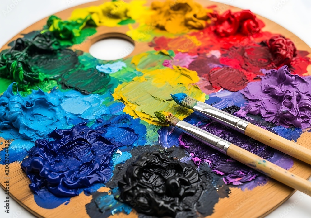 Fototapeta premium A vibrant palette of acrylic paints with a brush resting on it, showcasing a variety of colors