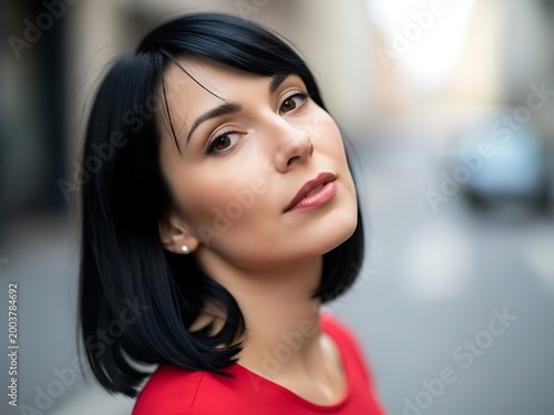 Free Download A woman with a unique eyebrow piercing stands on a city street, looking contemplative. - GFXLoad