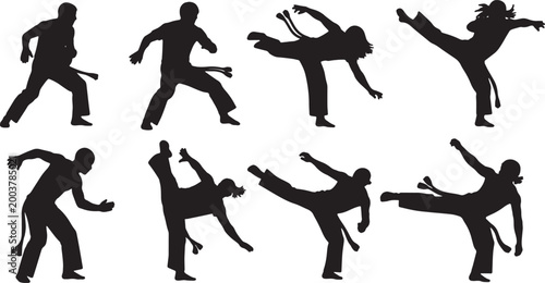 Foto Black Solid Capoeira Dance Silhouettes Set of Six on White Background
