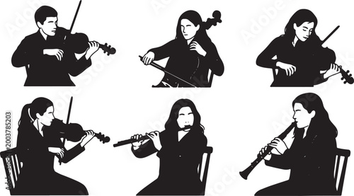 Tableau sur toile Black Solid Chamber Ensemble Silhouettes Set of Six on White Background