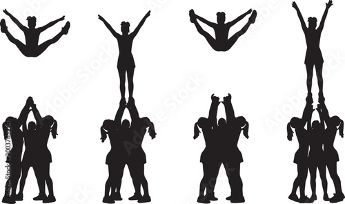Tableau sur toile Black Solid Cheerleader Basket Tosses Silhouettes Set of Six on White Background