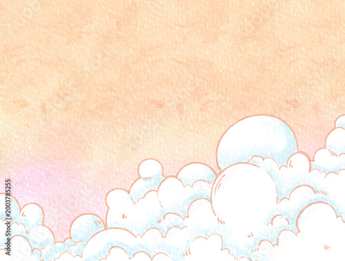 Minimalist watercolor background of warm orange sky with fluffy clouds in the corner