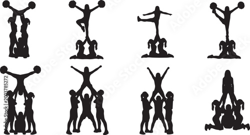 Tableau sur toile Black Solid Cheerleading Pyramids Silhouettes Set of Six on White Background