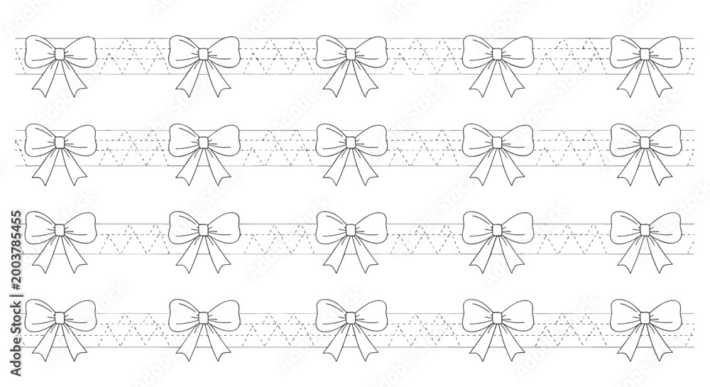 Fototapeta premium Educational worksheet for kids featuring rows of bows with dotted lines for tracing and practicing fine motor skills.