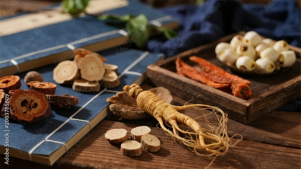 Fototapeta premium Assorted dried herbs and roots arranged on a wooden table with blue tiles