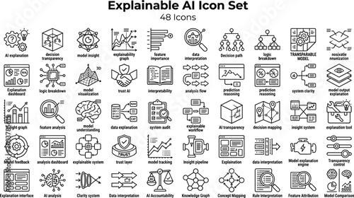 Explainable AI Icon Set Featuring Model Transparency, Interpretability, Decision Paths, Data Insights and Responsible AI Concepts