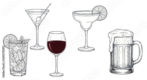 Cocktails, Wine, and Beer Glassware Collection Drawing