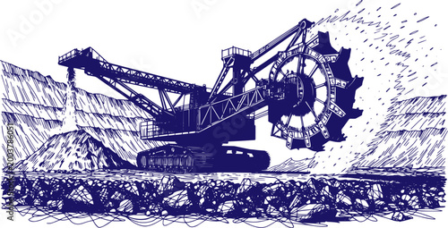 Line Art Hand Drawn Sketch of Massive Bucket Wheel Excavator in Mining Operation – Extreme Heavy Machinery Vector Black Line Art