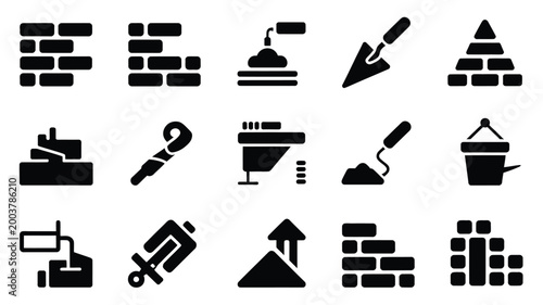 Photography Black silhouette icons of bricklaying tools and materials on white background fo