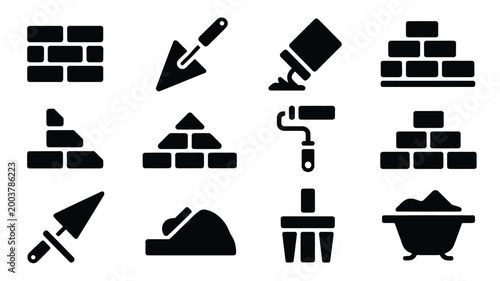 Tableau sur toile Black silhouette icons of bricklaying tools and materials on white background fo