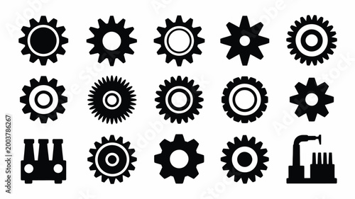 Collection of black silhouette icons featuring various industrial gears and machinery on white background for design and engineering concepts