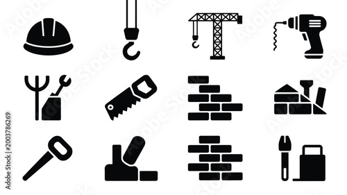 Silhouette icons of construction work tools and equipment black on white background industrial symbols