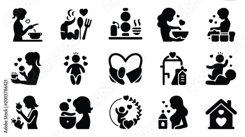 Motherhood icons representing love care and parenting black silhouettes on white background