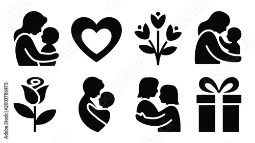 Mother and child silhouettes with heart flower and gift icons on white background