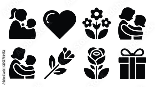 Black silhouette icons of mother and child heart flowers and gift on white background for mother's day