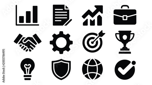 Business icons set including graph document briefcase handshake gear target trophy lightbulb shield globe and checkmark on white background