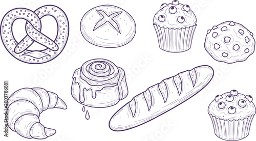 Sketch of various bread and pastry silhouettes in black and white