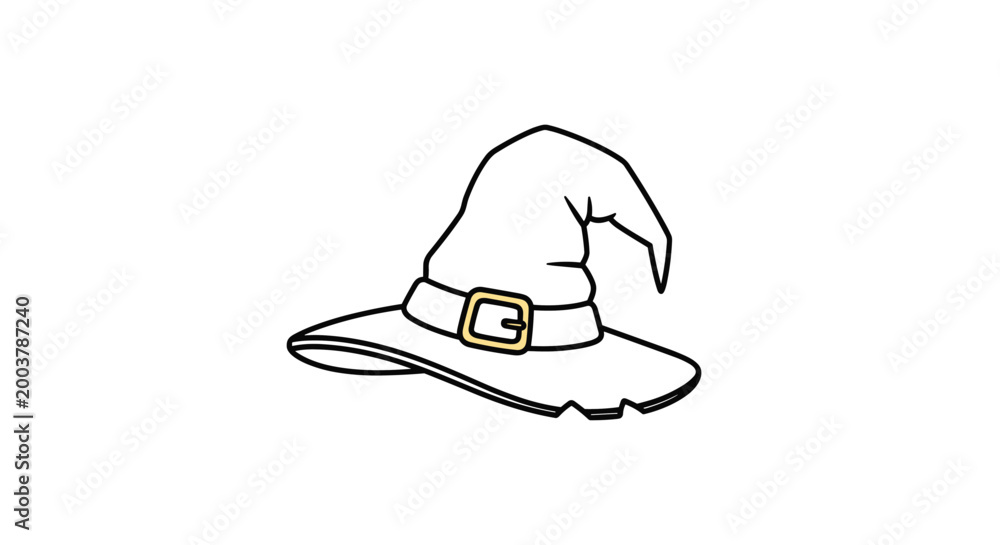 Fototapeta premium Clean line art illustration of a pointed witch hat with a golden buckle provides a classic accessory icon for Halloween themes.
