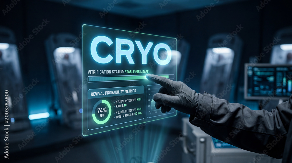 Fototapeta premium High-Tech Cryogenic Vitrification Status Display with Neon Glow Effects