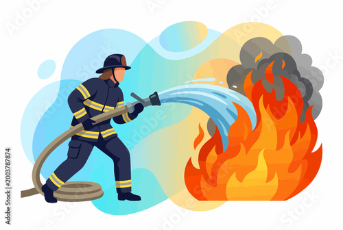 Firefighter Extinguishing Blazing Flames with Water Hose Vector