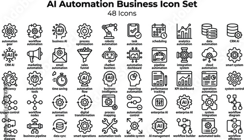 AI Automation Business Icon Set Featuring Workflow Systems, Analytics, CRM, Robotics, Process Optimization and Enterprise AI Concepts