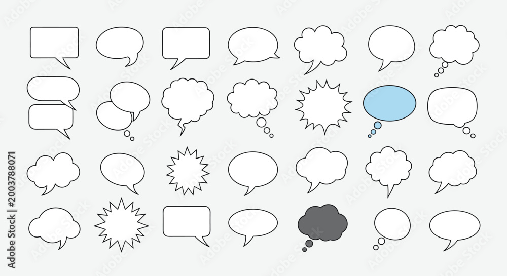Naklejka premium Extensive collection of speech and thought bubbles in diverse shapes and sizes including oval, rectangular, and cloud-like designs.