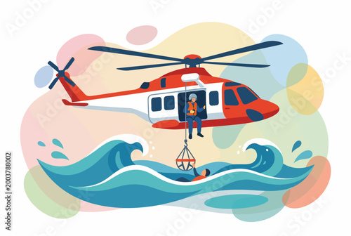Helicopter Rescue Service Saving Person from Stormy Sea