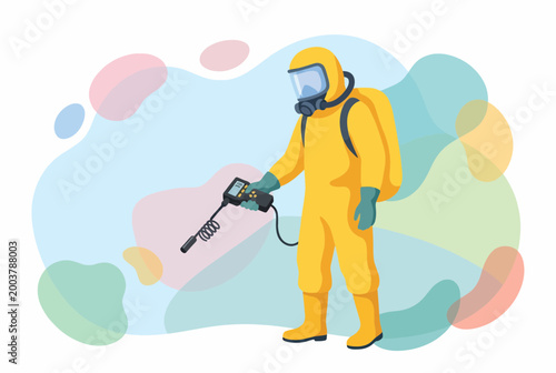 Hazmat Worker in Yellow Protective Suit Using Radiation Detector