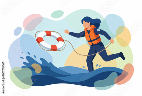 Female Rescuer Throwing Lifebuoy into Stormy Sea Vector Illustration