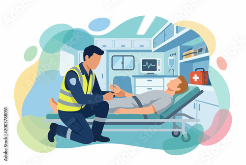 Paramedic Providing Medical Emergency Care to Patient Inside Ambulance
