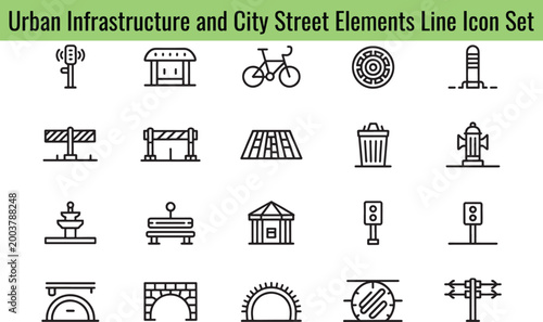 A comprehensive line icon set depicting various elements of urban infrastructure and city street components, showcasing everyday essentials for modern metropolitan environments and civic planning.