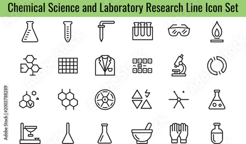 An extensive line icon set illustrating various equipment and concepts for chemical science and laboratory research, depicting experimental procedures, molecular structures, and scientific discovery.