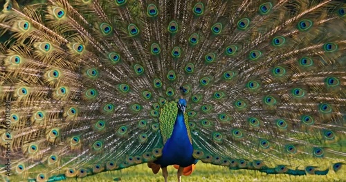 Majestic peacock displaying its vibrant feathers in a lush garden setting, showcasing beauty