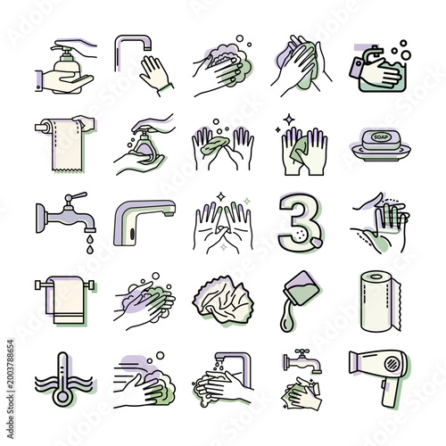hand washing icon set or hygiene illustration collection