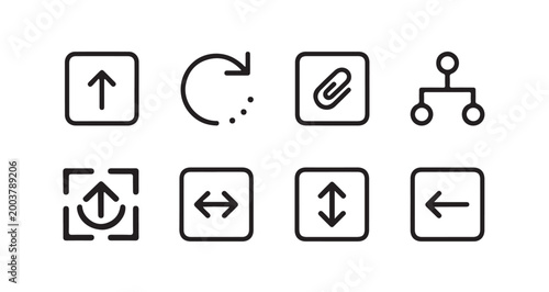 Set of interface icons including arrows rotation attachment and flowchart elements.