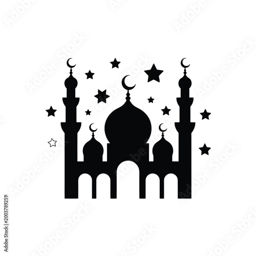 Mosque Silhouette Illustration with Crescent Moons and Stars on White Background